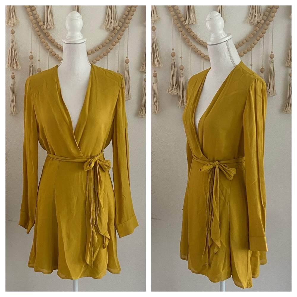 Reformation golden yellow mini wrap dress long sleeve chiffon Porter Saffron L